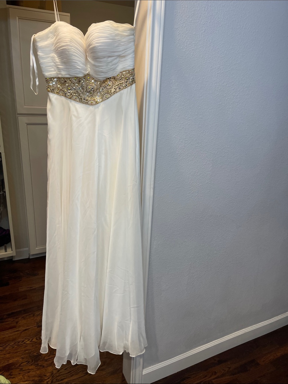 Dave & Johnny White Prom Dress with Gold Beaded Waist